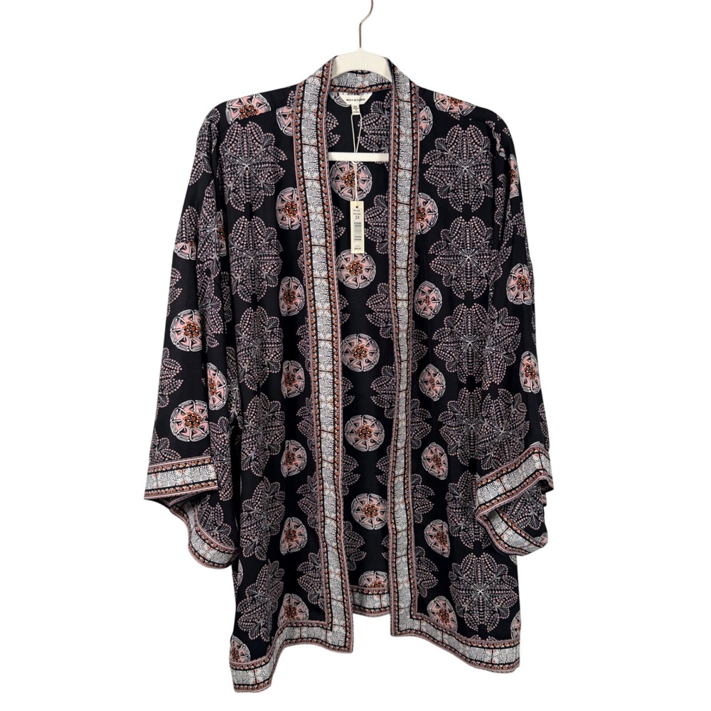 Max Studio Womens 2X Kimono Cardigan Black Pink Floral Open Front Boho NWT
